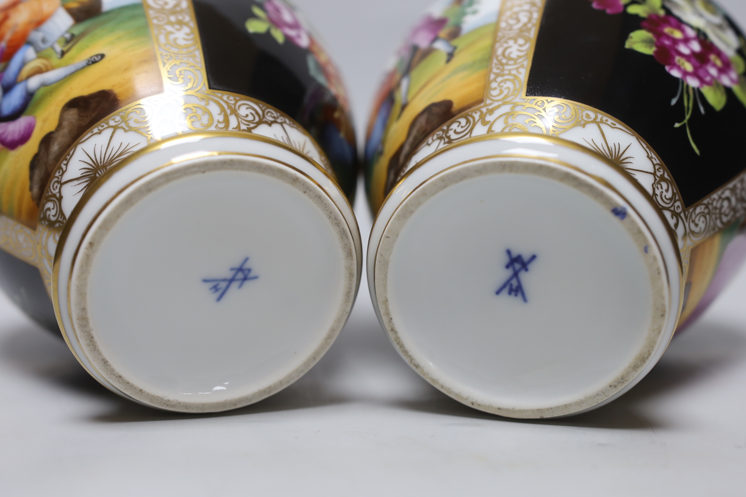 A pair of Dresden vases and covers and two Doulton figures, tallest 26cm